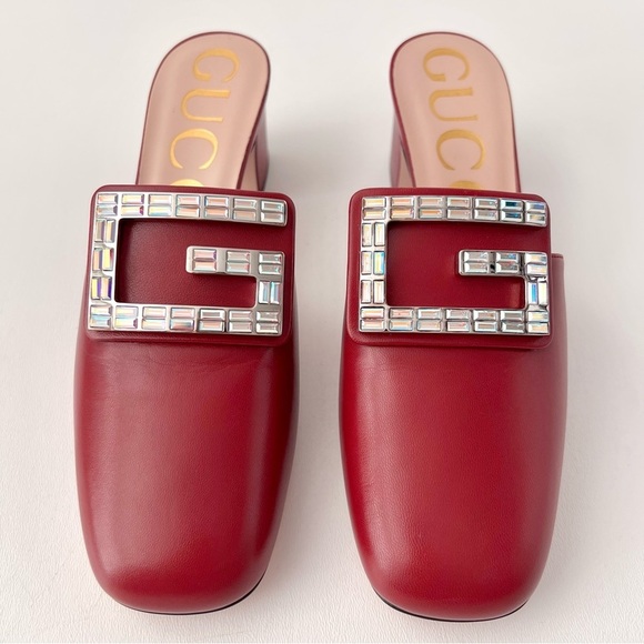 New GUCCI || Madelyn Red Mule Square Crystal Embellished GG Slip On Heel EU 37.5 - Picture 2 of 12